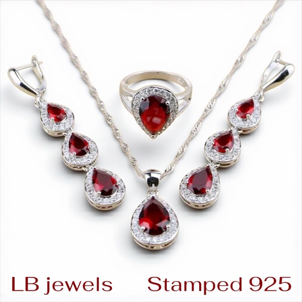 Garnet Cubic Zirconia Big Pear Cut Long Dangle , Ring size 7 - Necklace Set
